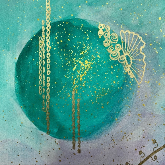 Abstract Original Watercolor Gold Leaf Floral Green & Purple Painting, 9x12 - Picture 5 of 12